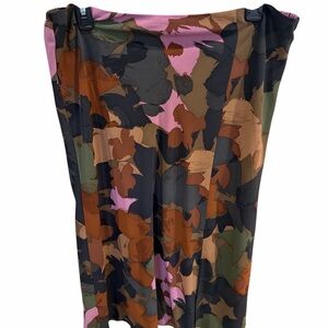 Time and Tru Floral Brushstroke Midi Skirt in Pink, Olive & Brown